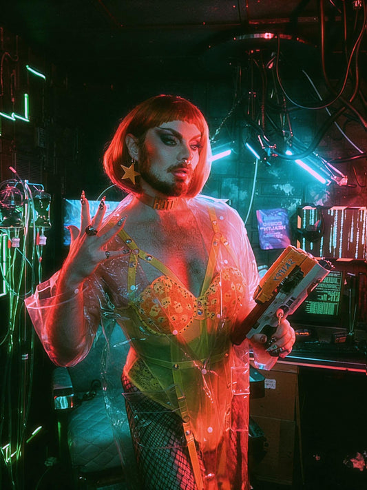 Tristan Ginger wearing Confessions Baroque press-on nails — cyberpunk photoshoot with neon lights