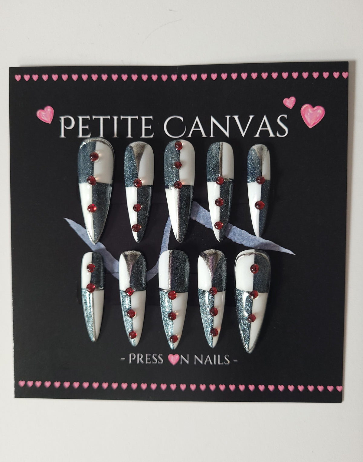 Funambule full press-on nail set on display card — noir-circus design in black, white and silver, long stiletto